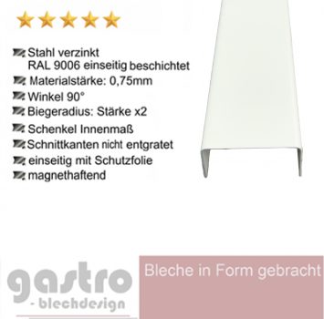 U-Profil aus Stahl verzinkt RAL9006 Weißaluminium 0,75 mm glatt